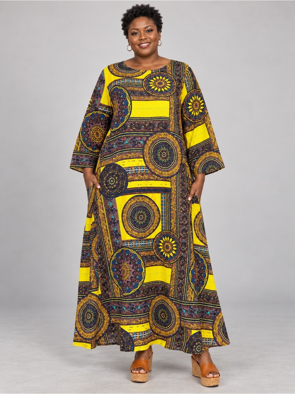 Celmia Boho Print Kaftan Maxi Dress with Pockets – 3XL